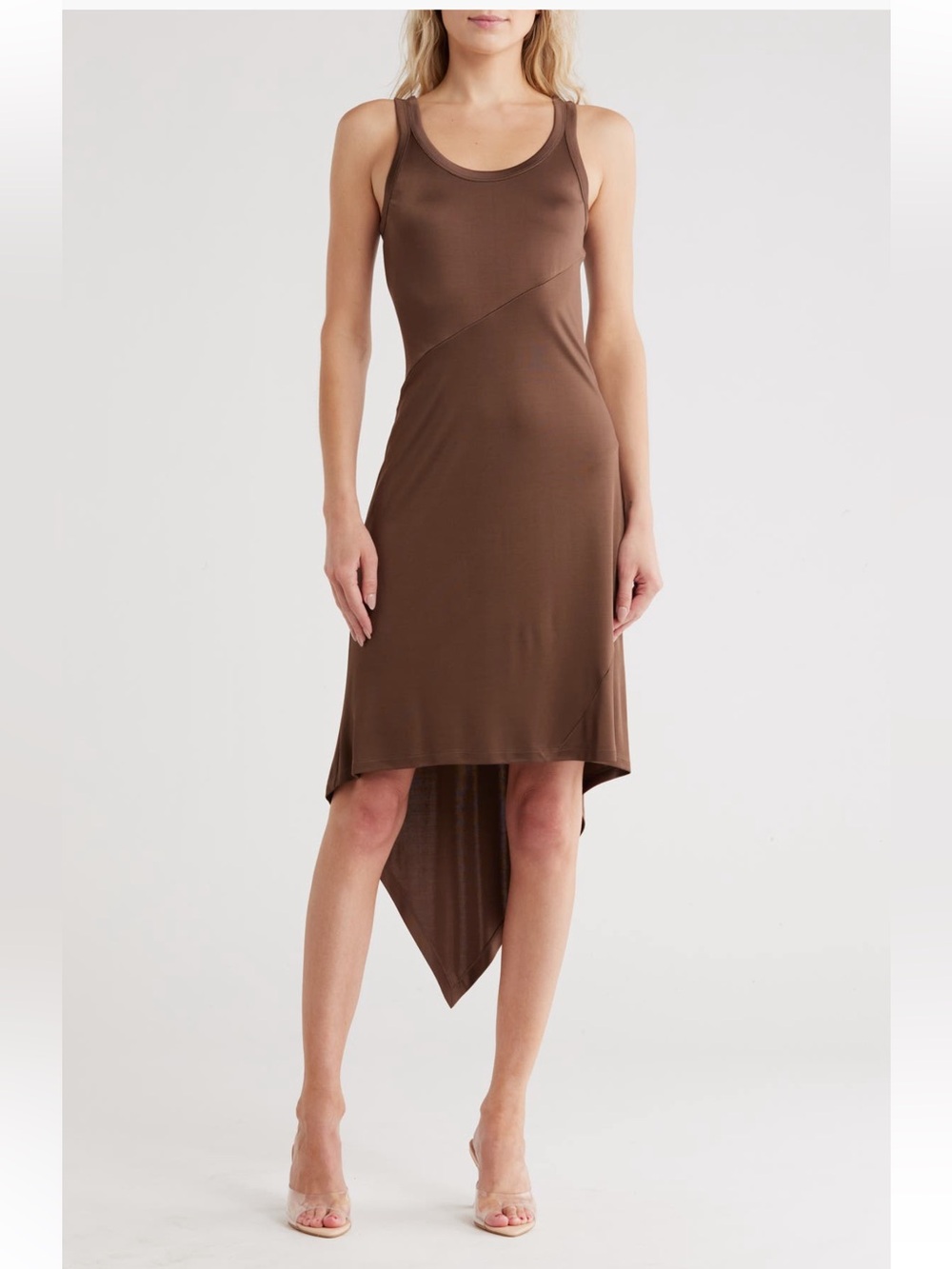 HELMUT LANG || Asymmetrical Stretch Tank Dress Midi Chocolate Truffle